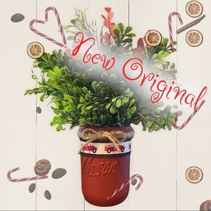 Hand Crafted Red Truck Mason Jar Vase Container Original Christmas Holiday Gift